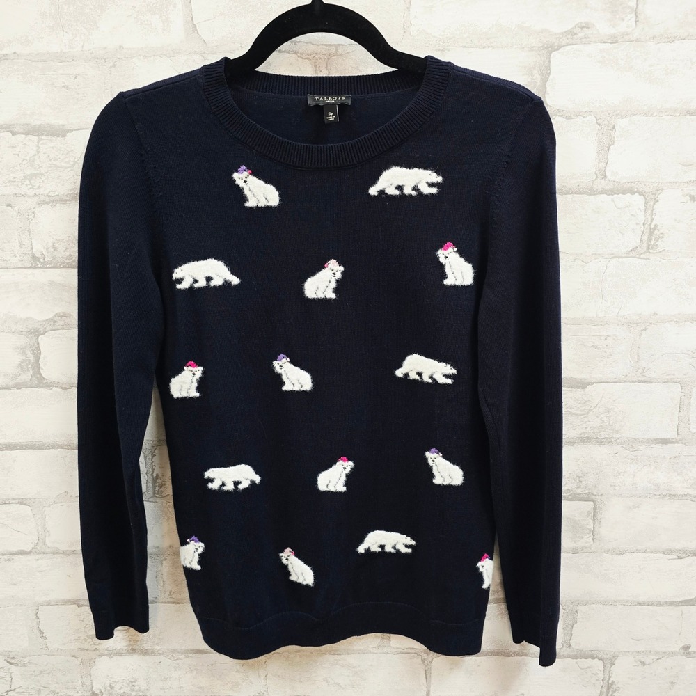 Talbots Petite Navy Blue Polar Bear‎ Fair Isle Knit Sweater Size SP